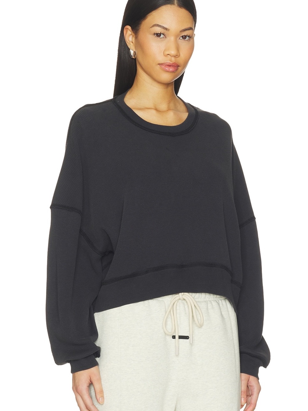 We The Free. Relaxed Black Waffle Textured L/S Crew. Machine Wash. Medium.